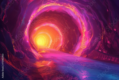 The vibrant glow of a warp gate illuminates a carved fantasy tunnel guiding adventurers to a world beyond their wildest dreams