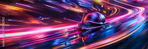 Turbo snail on a futuristic racetrack neon lights and digital effects high speed