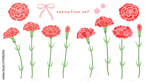 Set of red carnations, cute hand drawn illustration for mother's day / 赤いカーネーションのセット、母の日のかわいい手描きイラスト