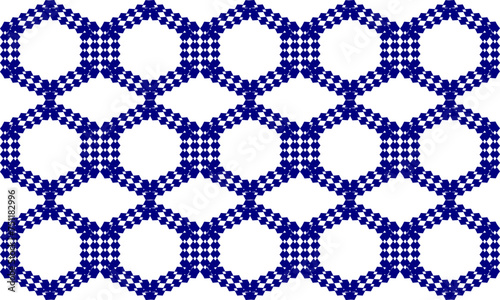 seamless pattern with shapes, blue net, ring hexagon block on white background, design for fabric print or t-shirt paint screening