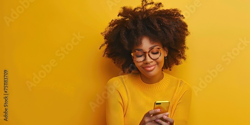 Young Generation Z woman in stylish clothing using her smartphone on solid yellow background photo