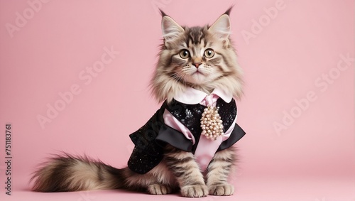 A majestic Maine Coon cat poses in a stylish black suit with a pearl necklace, ideal for luxury pet concepts photo