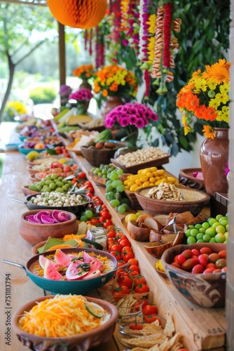Festive food table at garden party.