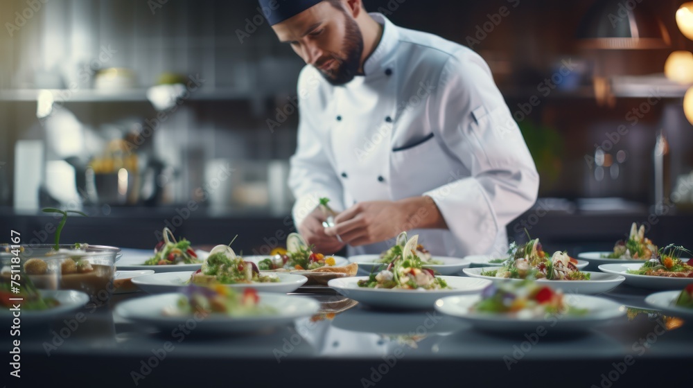 chefs plating food in plates or preparing cooking food in a professional kitchen at restaurant.