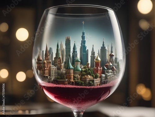 Modern city with skyscrapers inside a wine glass, a sense of urban charm and intrigue