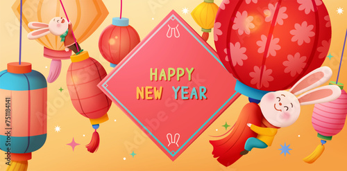 Cute rabbits and lanterns banner