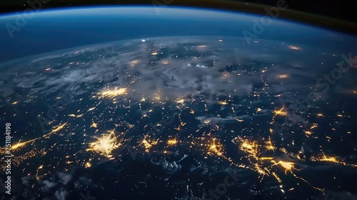 Earth's atmosphere from space showing city lights at night.