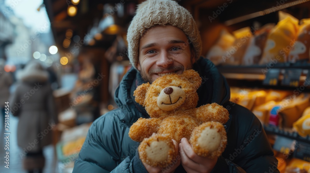 Happy man holding a teddy bear at a Christmas market.