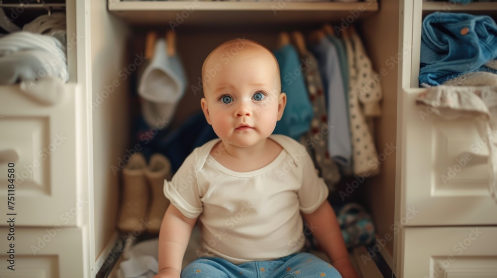 Curious baby sitting in an open drawer surrounded by clothes. Curious baby sitting in an open drawer surrounded by clothes.
