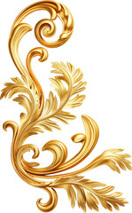 3D illustration of vintage gold ornament decoration. Classic baroque luxury carving element isolated.