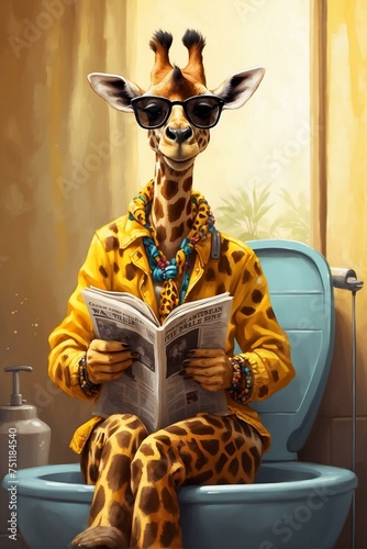A suave giraffe, adorned with beads and a patterned raincoat, engrossed in reading a newspaper while sitting on a toilet