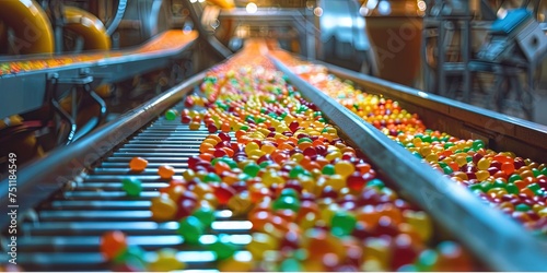Colorful candy on conveyor belt for sweets manufacturing and distribution