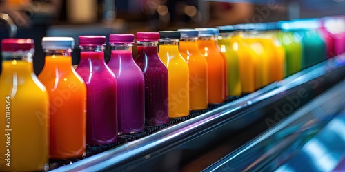 Bottles of colorful juice on a conveyor belt in manufacturing and food production facility
