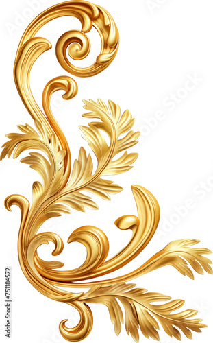 3D illustration of vintage gold ornament decoration. Classic baroque luxury carving element isolated.