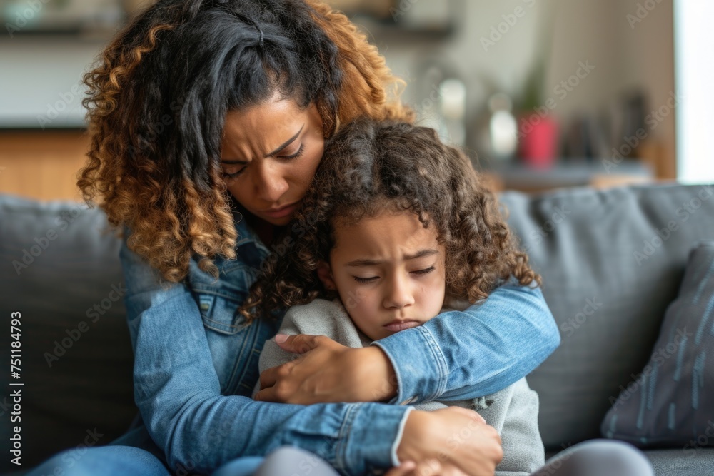 Mother comforting her sad child at home. Family care and support concept. Mother comforting her sad child at home. Family care and support concept.