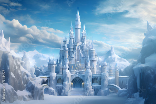 Fantasy scene with fantasy castle in winter. 3D illustration.
