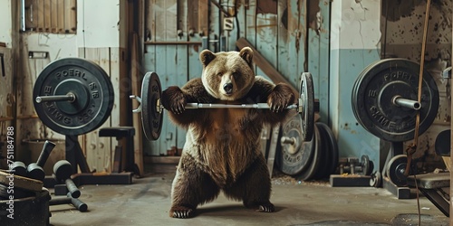 Brown grizzly bear lifting heavy weighted barbells