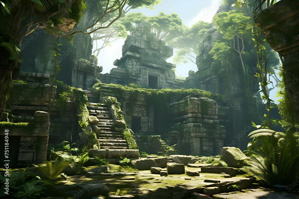 Naklejka premium Terrace of the ancient temple in the jungle. 3D rendering