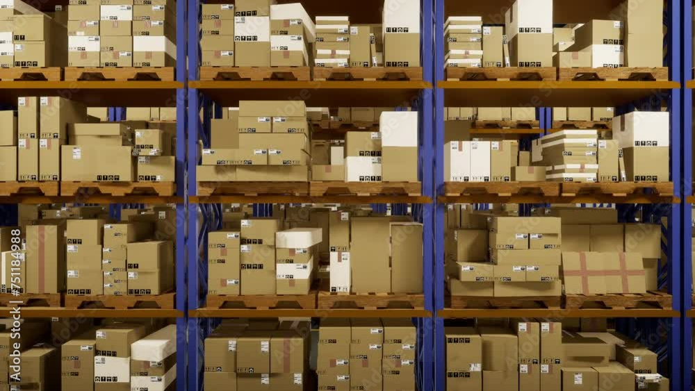 Managing storage in depot operating in supply chain logistical sector, storing retail packages with transaction record labels. Invoices tracking codes assigned to merchandise. 3D animation render.