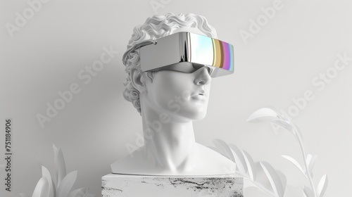 VR Headset on Classical Bust in White Room