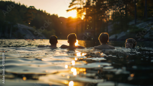 Fototapeta Naklejka Na Ścianę i Meble -  Group of friends swimming in lake at sunset, summer nature background, landscape, summer time