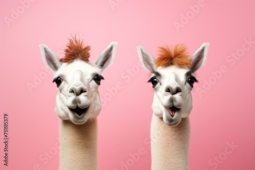 Two llamas with funny haircuts facing forward on a pink background.