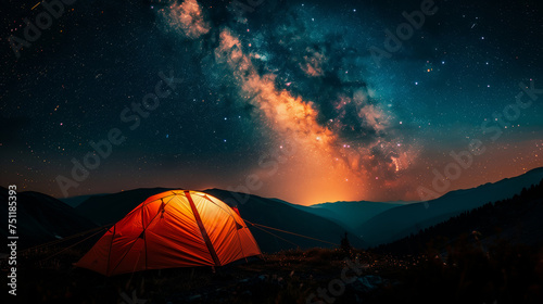 Starry night sky with Milky Way galaxy and glowing tent in mountains, panoramic view. Wide angle view of dark night landscape