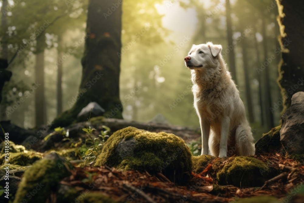 Golden Retriever standing in forest with sun flare. Golden Retriever standing in forest with sun flare.