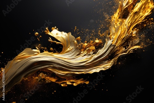 Golden fluid art wave on a black background. Abstract liquid gold design.