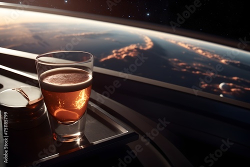 A glass of beer on a table in the window of the plane photo