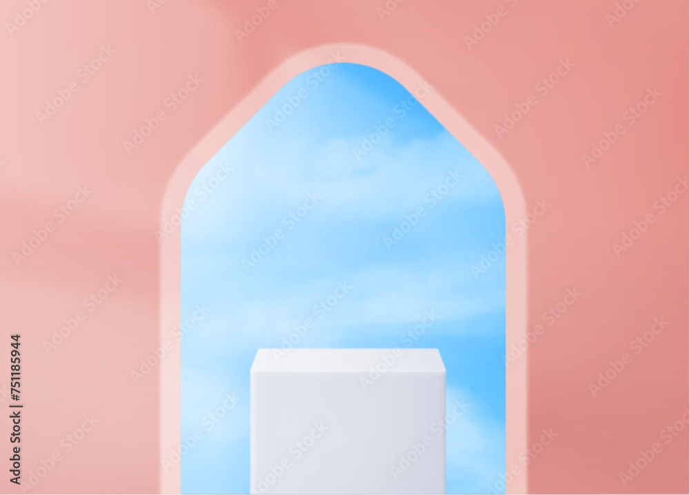 Podium on pink background with arch window. Vector realistic illustration of white cube platform on sky blue backdrop with clouds for product presentation, oriental style showroom with pedestal Podium on pink background with arch window. Vector realistic illustration of white cube platform on sky blue backdrop with clouds for product presentation, oriental style showroom with pedestal