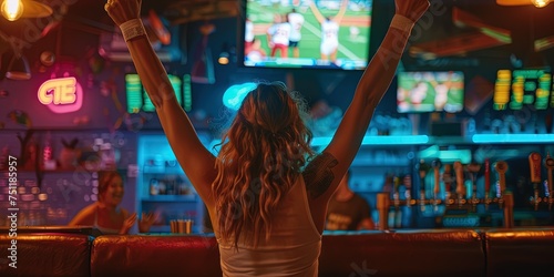 Female fan with hands in the air in victory at Sports bar with patrons cheering on their favorite team as the game plays on TV screens  photo