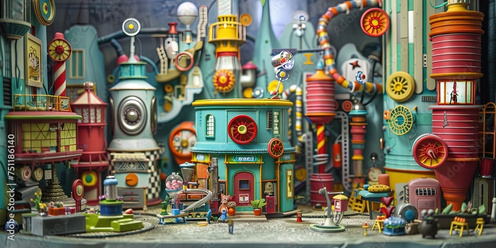 Interior of a whimsical toy factory