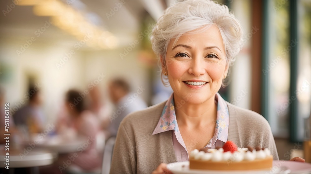Portrait of a senior woman eating cake looking at camera