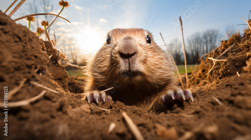 Cute fluffy groundhog wakes up in his burrow day 
