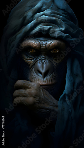Monkey in a blue robe on a black background. Studio shot.