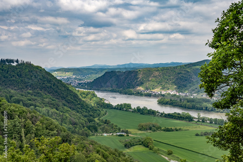 Germany the Rhine river in andernach near koblenz viewpoint over village Leutesdorf and the river valley