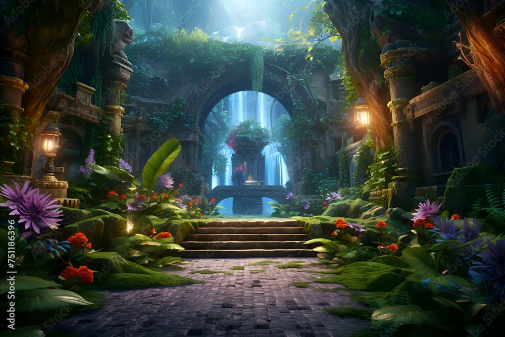 Fantasy garden with stairway and flowers. 3D rendering.