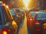 The golden light of sunset illuminates a congested urban street, highlighting the daily reality of city commuting