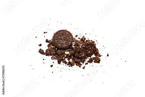 Sandwich chocolate cookies with a sweet cream with crumbs isolated on white background. 