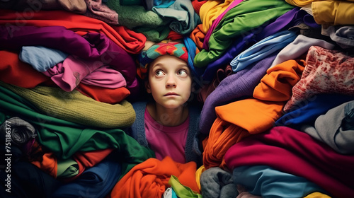 A boy against the background of a pile of clothes and things. The problem of consumerism and overconsumption. A person in a pile of clothes. photo