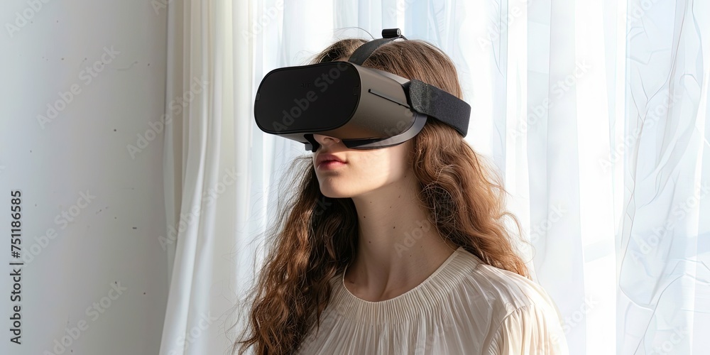 Woman wearing virtual reality headset Woman wearing virtual reality headset