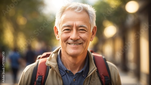 Portrait of a senior man carrying a backpack