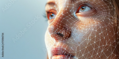 Portrait of woman with wireframe overlay for deepfake technology 