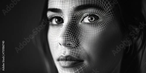 Portrait of woman with wireframe overlay for deepfake technology  photo