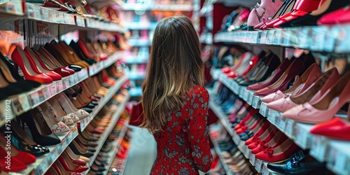 Woman shopping at shoe store looking for fashionable and trendy clothing