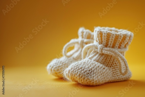 Tiny knitted white booties on a pastel yellow background. Place for text