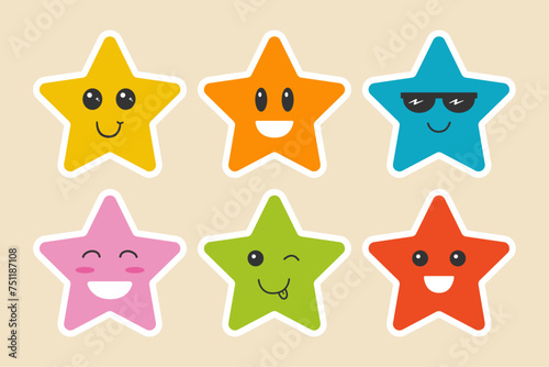 Cute stars sticker illustration set for kids. Colorful star characters with smiling cartoon faces and fun expressions. 