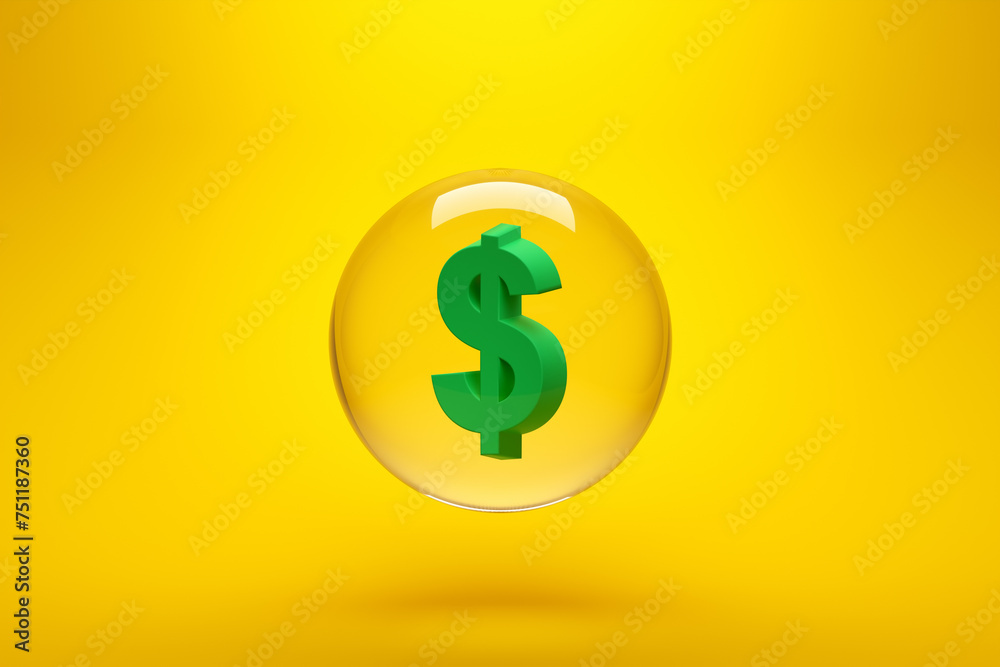 US dollar currency symbol in a glass sphere on yellow background. US dollar currency symbol in a glass sphere on yellow background.