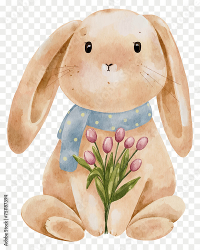 Cute Rabbit holding Tulip flower,Cartoon Watercolour hand paint Bunny Rabbit,Hare character element for Easter card,Spring,Summer poster,Vector illustration isolated portrait animal
